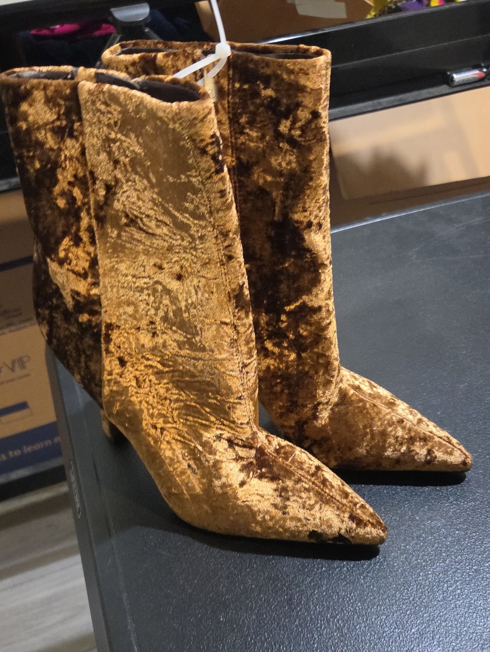 Sam Edelman Crushed Velvet Pointed-Toe Ankle Boots in Gold-Brown
